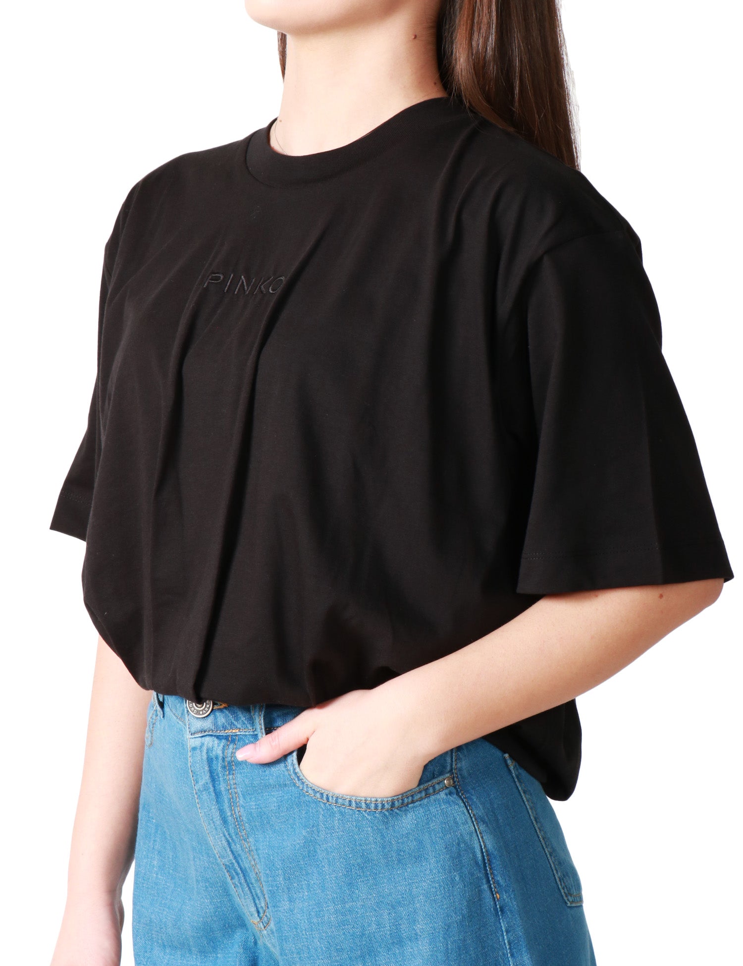 T-SHIRT DONNA PINKO NERA TAGLIO CROPPED CON RICAMO LOGO DAVANTI E PIEGHE SUL FONDO