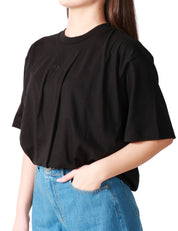 T-SHIRT DONNA PINKO NERA TAGLIO CROPPED CON RICAMO LOGO DAVANTI E PIEGHE SUL FONDO