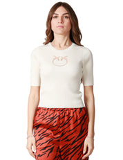 MAGLIA PINKO TRITONE BIANCA MEZZA MANICA A COSTINE CON LOGO LOVE BIRDS IN TRASPARENZA