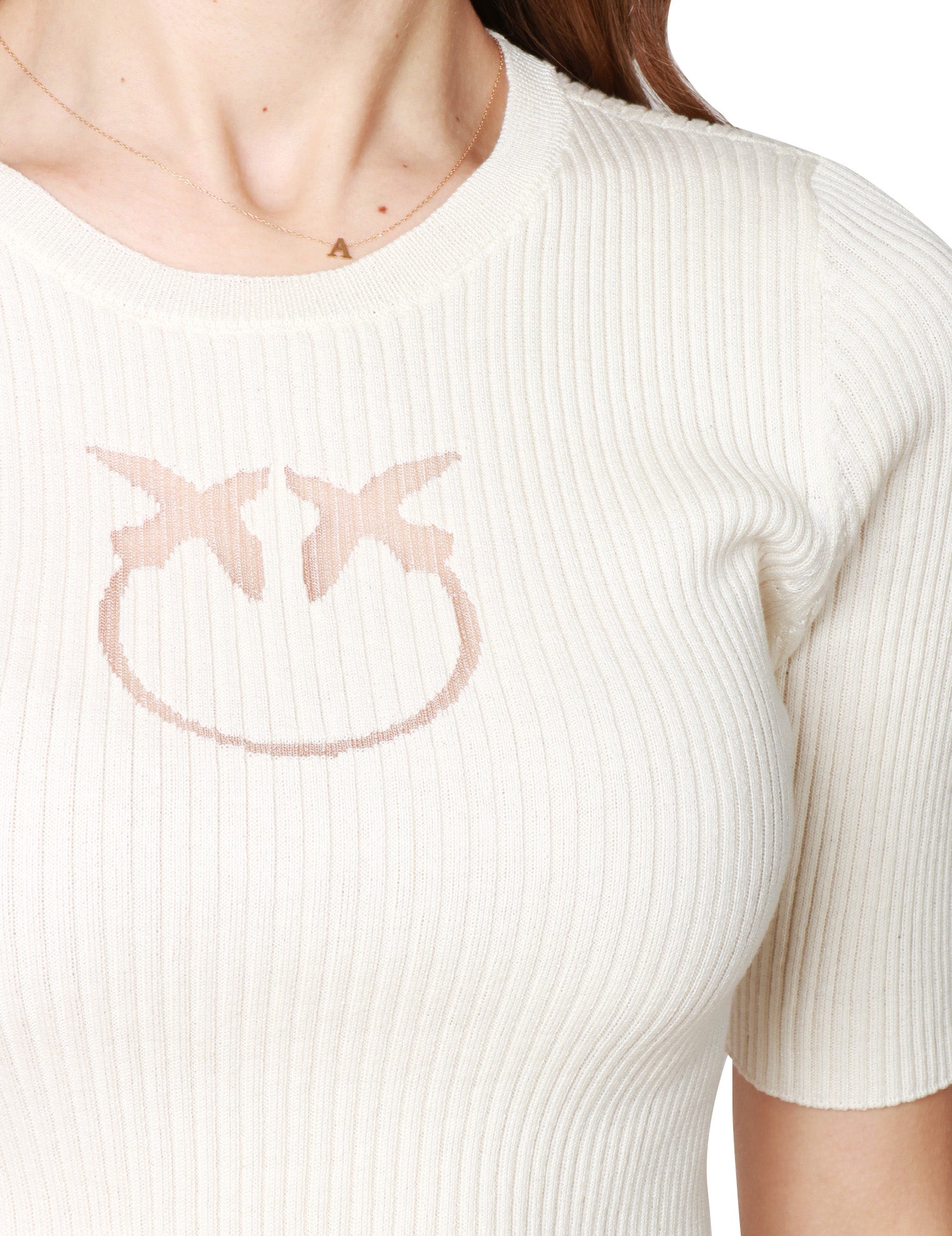 MAGLIA PINKO TRITONE BIANCA MEZZA MANICA A COSTINE CON LOGO LOVE BIRDS IN TRASPARENZA