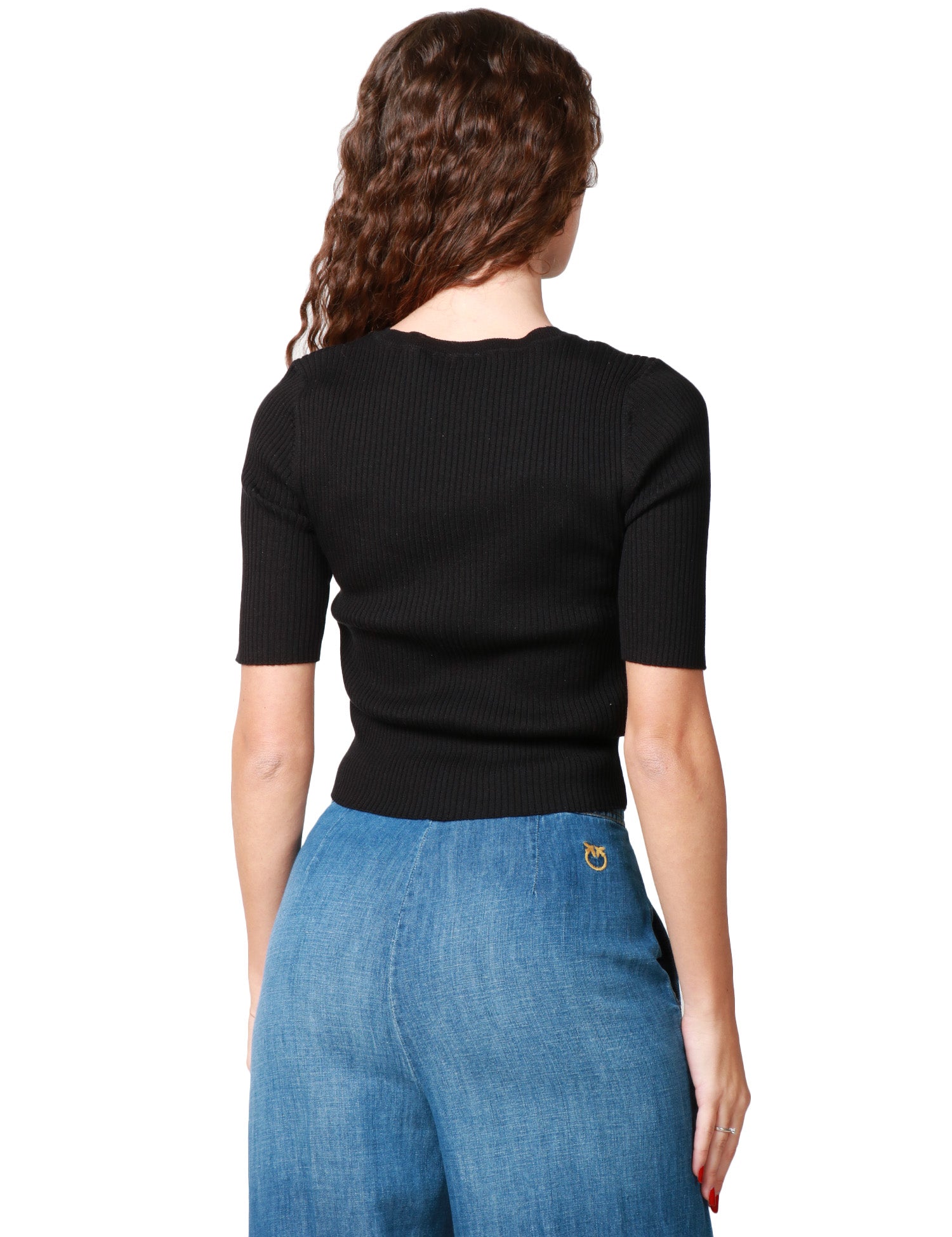 MAGLIA PINKO TRITONE NERA A MEZZA MANICA CON LOGO LOVE BIRDS IN TRASPARENZA