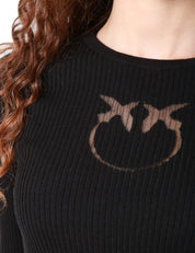 MAGLIA PINKO TRITONE NERA A MEZZA MANICA CON LOGO LOVE BIRDS IN TRASPARENZA