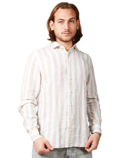 CAMICIA UOMO PORTOFIORI BEIGE CON FANTASIA A RIGHE 100%LINO