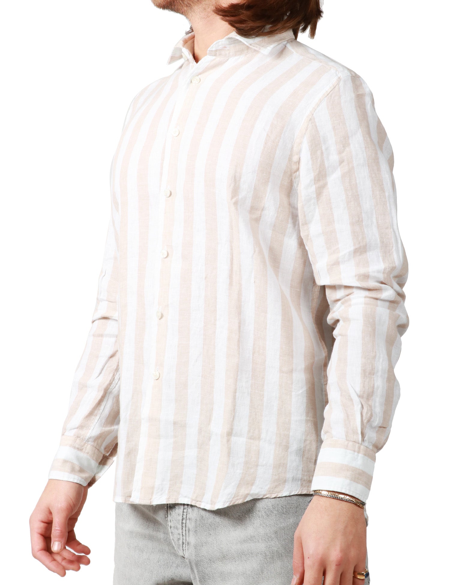 CAMICIA UOMO PORTOFIORI BEIGE CON FANTASIA A RIGHE 100%LINO