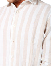 CAMICIA UOMO PORTOFIORI BEIGE CON FANTASIA A RIGHE 100%LINO