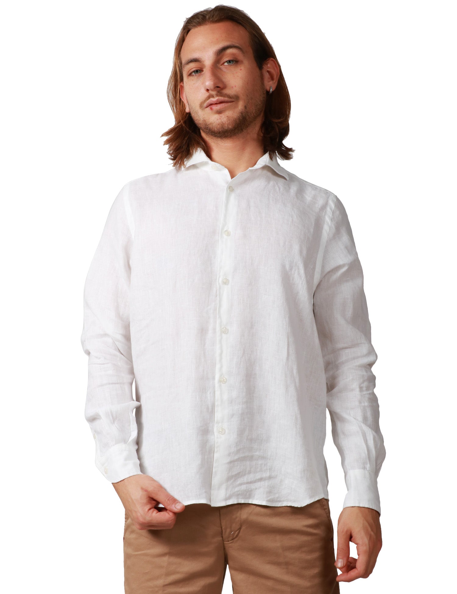CAMICIA UOMO PORTOFIORI BIANCA CON COLLETTO ALLA FRANCESE 100%LINO