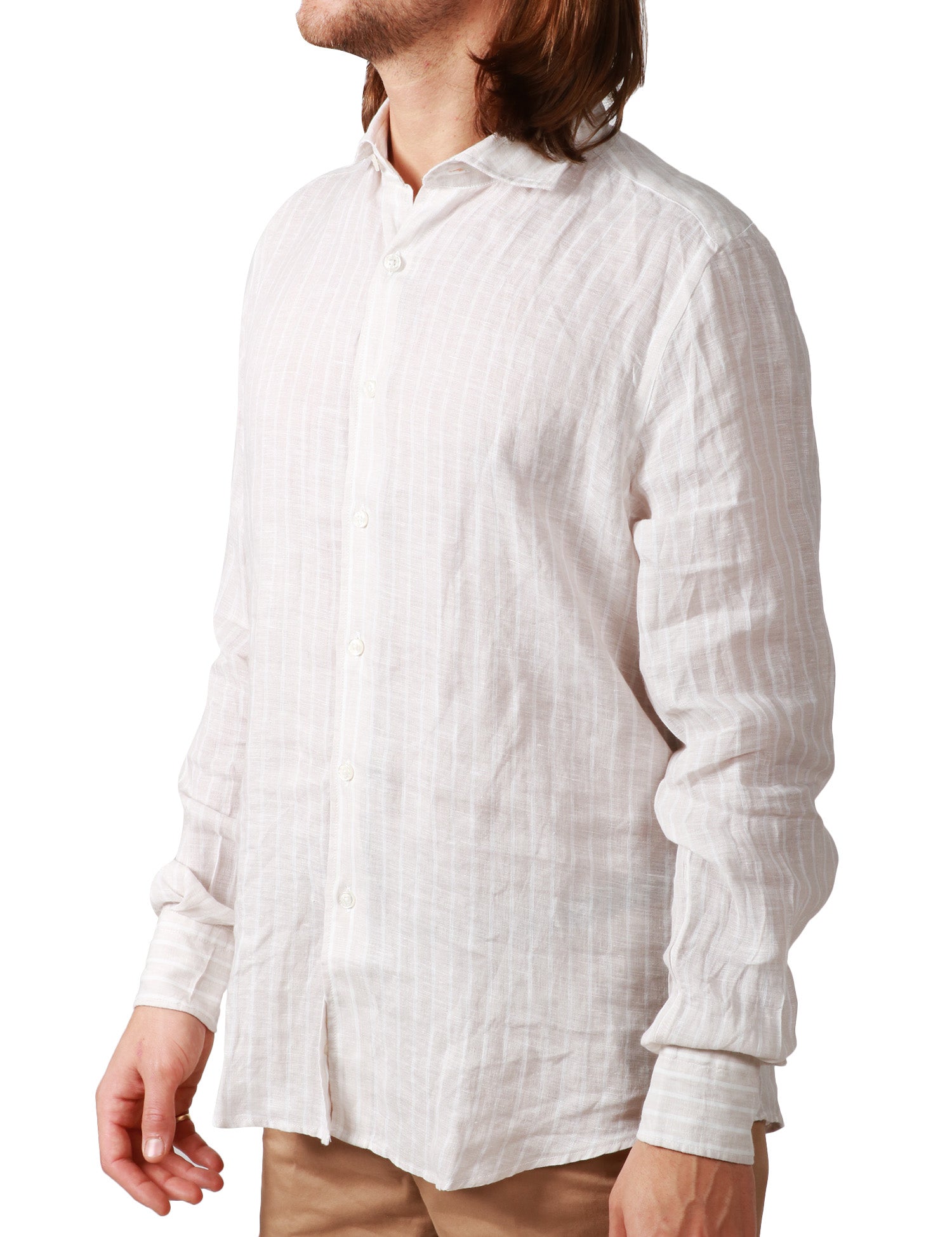 CAMICIA UOMO PORTOFIORI BEIGE A RIGHE 100% LINO