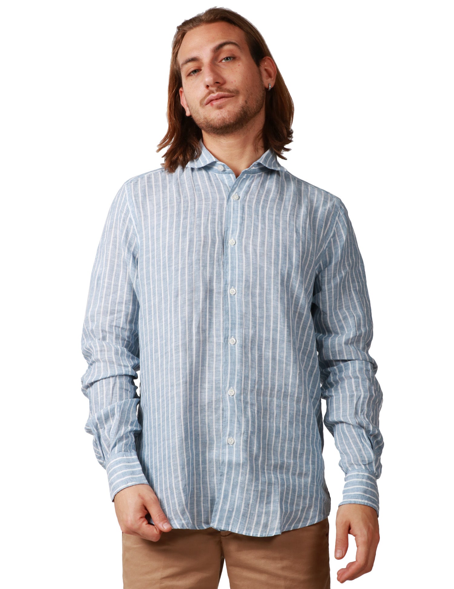 CAMICIA UOMO PORTOFIORI CELESTE A RIGHE 100% LINO