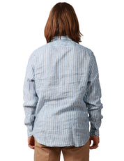 CAMICIA UOMO PORTOFIORI CELESTE A RIGHE 100% LINO