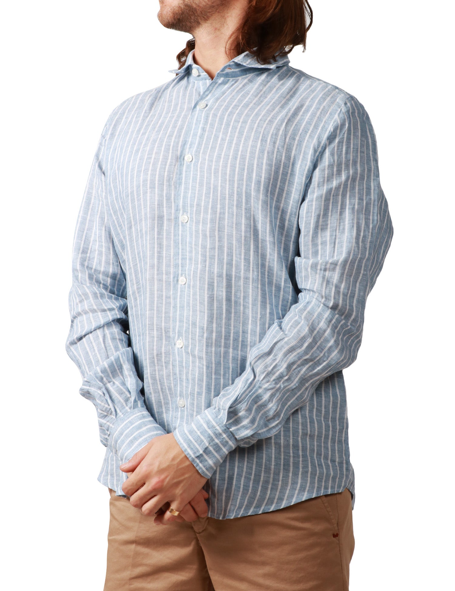 CAMICIA UOMO PORTOFIORI CELESTE A RIGHE 100% LINO