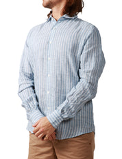 CAMICIA UOMO PORTOFIORI CELESTE A RIGHE 100% LINO