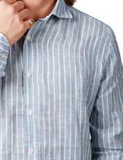 CAMICIA UOMO PORTOFIORI CELESTE A RIGHE 100% LINO