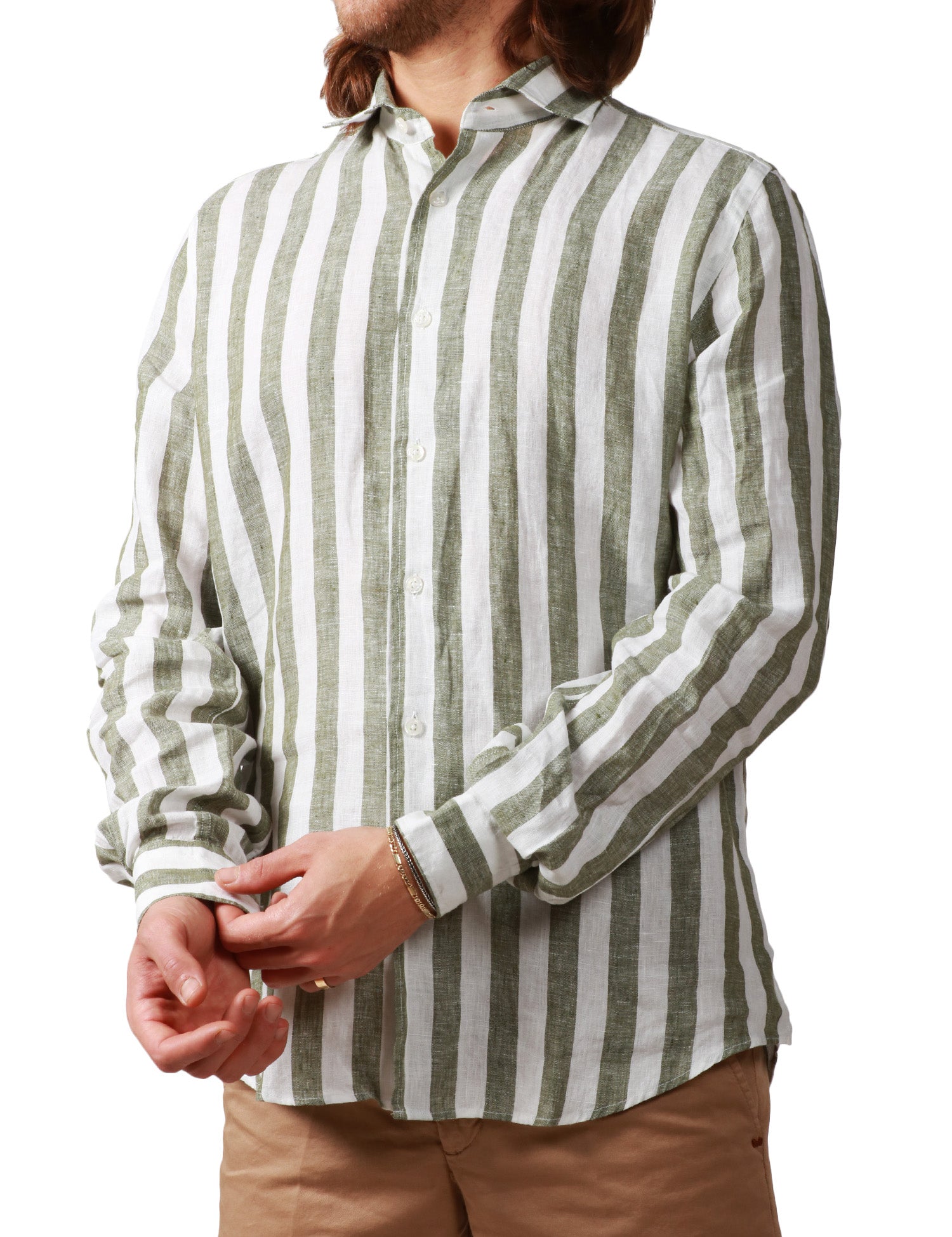 CAMICIA UOMO PORTOFIORI VERDE/BIANCO A RIGHE 100% LINO