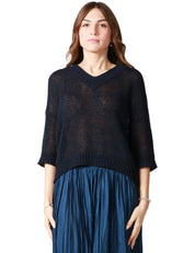 MAGLIA DONNA ROBERTO COLLINA NAVY IN FILO CON MANICA 3/4 E SCOLLO A V