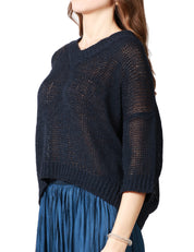MAGLIA DONNA ROBERTO COLLINA NAVY IN FILO CON MANICA 3/4 E SCOLLO A V