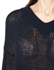 MAGLIA DONNA ROBERTO COLLINA NAVY IN FILO CON MANICA 3/4 E SCOLLO A V