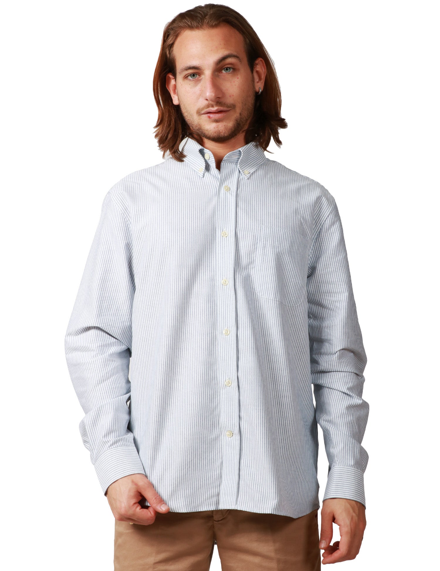CAMICIA UOMO SEBAGO DOUBLING BIANCO/AZZURRO A RIGHE IN COTONE OXFORD CON TASCHINO SUL PETTO