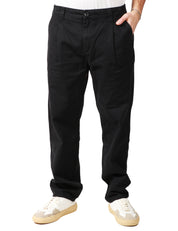 PANTALONE UOMO SERVICE WORKS NERO IN COTONE DRILL BIOLOGICO CON GAMBA A PALLONCINO E PIEGA DAVANTI