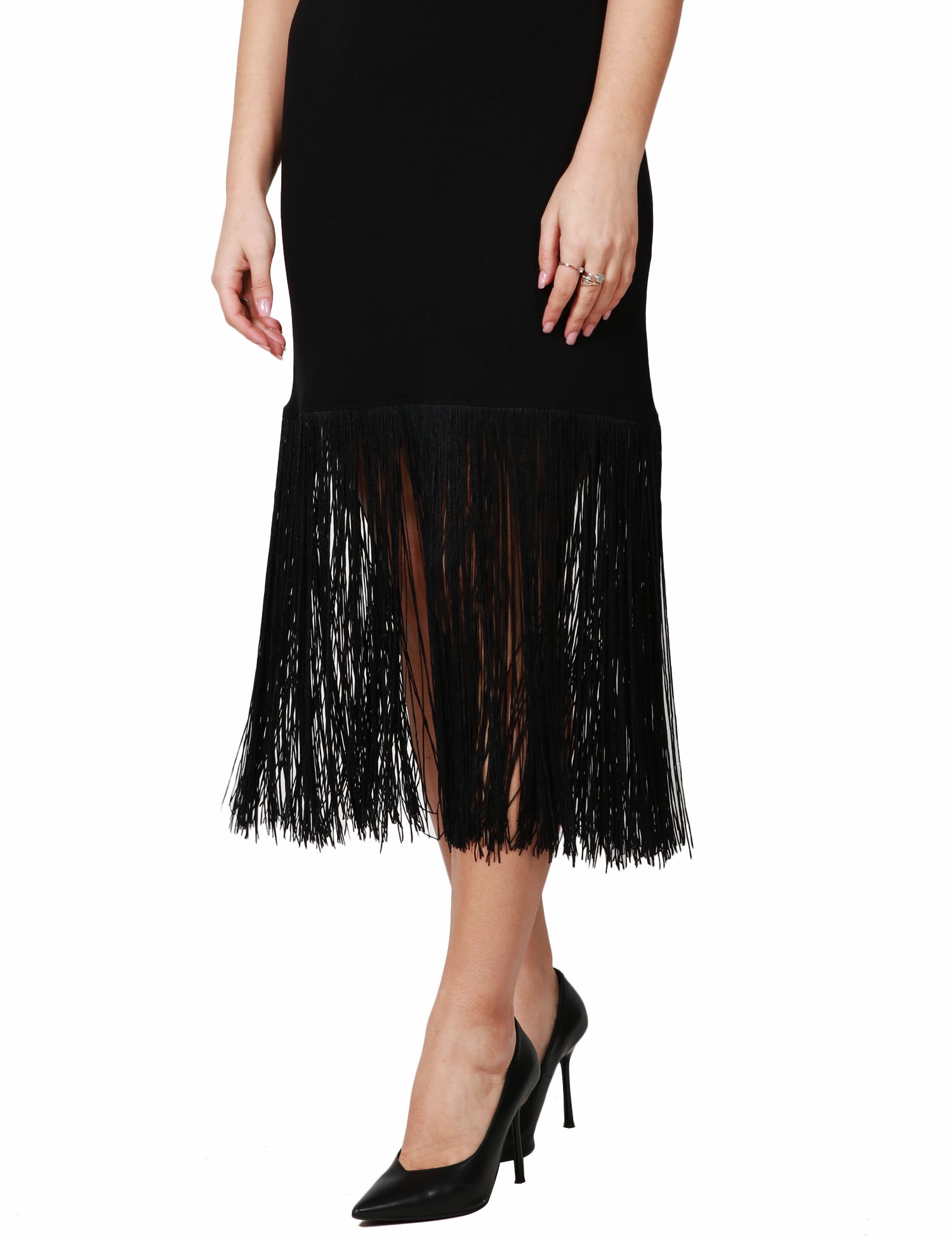 ABITO DONNA SEVENTY NERO GIROMANICA CON FRANGE SUL FONDO IN MAGLIA