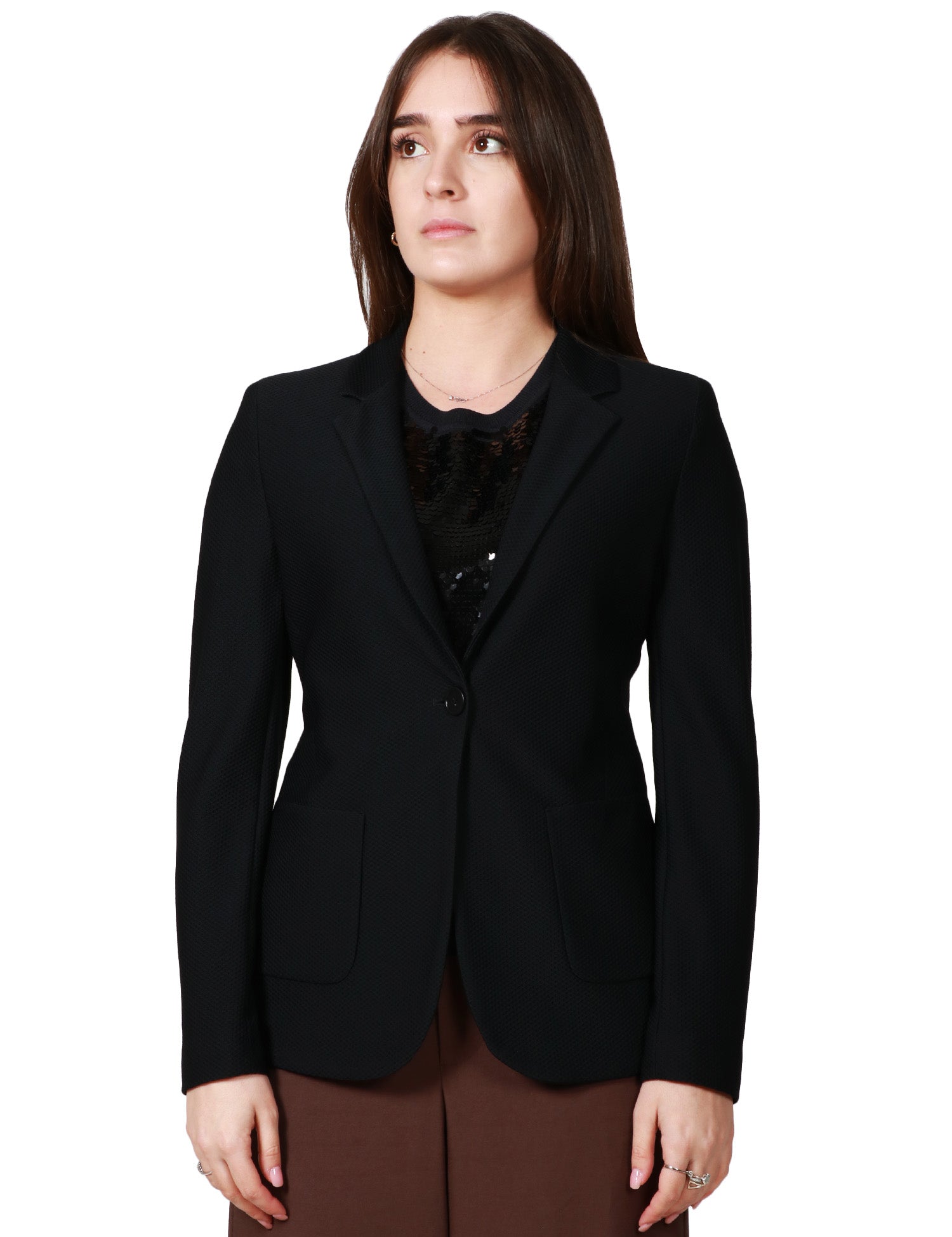 GIACCA DONNA SEVENTY NERA MONOPETTO IN TESSUTO TECNICO BISTRETCH A NIDO D'APE