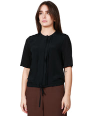 CAMICIA DONNA SEVENTY NERA A MEZZA MANICA CON PICCOLE RUCHES CENTRALI IN JERSEY E MISTO SETA
