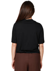 CAMICIA DONNA SEVENTY NERA A MEZZA MANICA CON PICCOLE RUCHES CENTRALI IN JERSEY E MISTO SETA