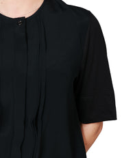 CAMICIA DONNA SEVENTY NERA A MEZZA MANICA CON PICCOLE RUCHES CENTRALI IN JERSEY E MISTO SETA