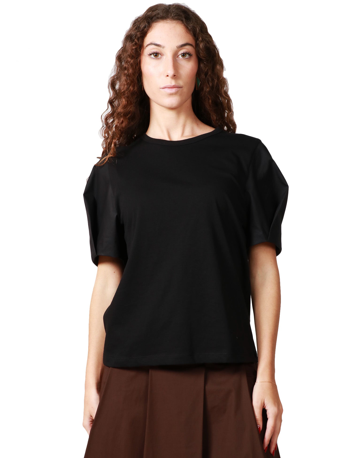 T-SHIRT DONNA SEVENTY NERA CON MANICA A PALLONCINO IN JERSEY COTONE E POPELINE