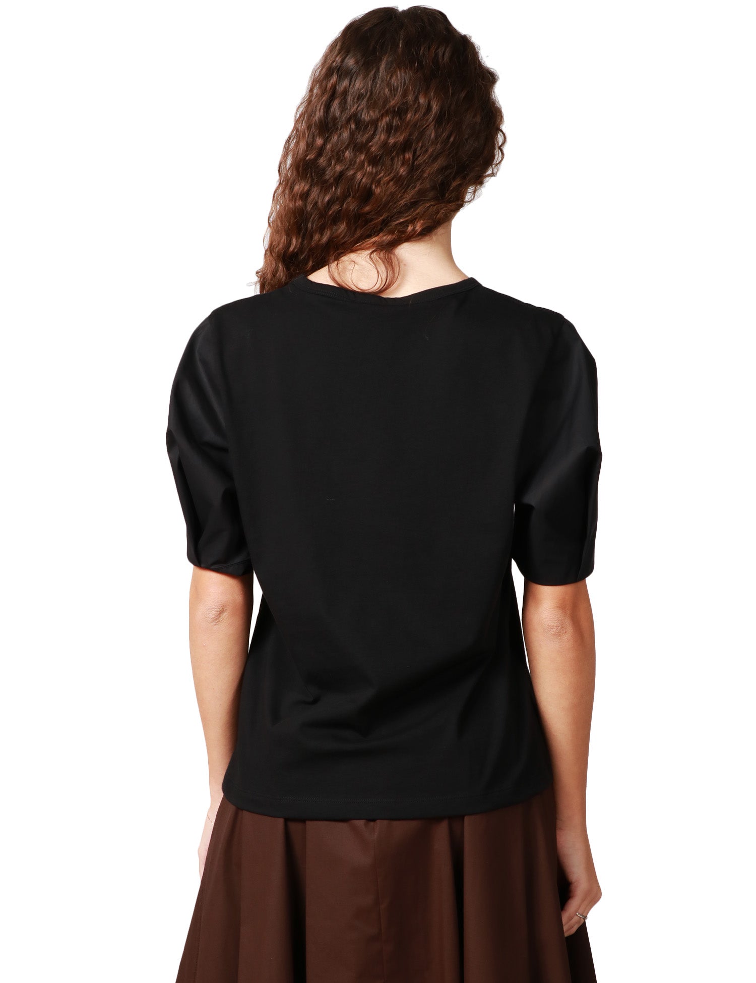T-SHIRT DONNA SEVENTY NERA CON MANICA A PALLONCINO IN JERSEY COTONE E POPELINE