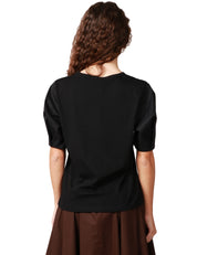 T-SHIRT DONNA SEVENTY NERA CON MANICA A PALLONCINO IN JERSEY COTONE E POPELINE