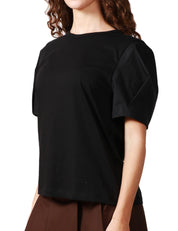 T-SHIRT DONNA SEVENTY NERA CON MANICA A PALLONCINO IN JERSEY COTONE E POPELINE