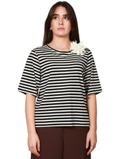 T-SHIRT DONNA SEVENTY NERO/PANNA A RIGHE IN JERSEY DI COTONE CON SPILLA FLOREALE