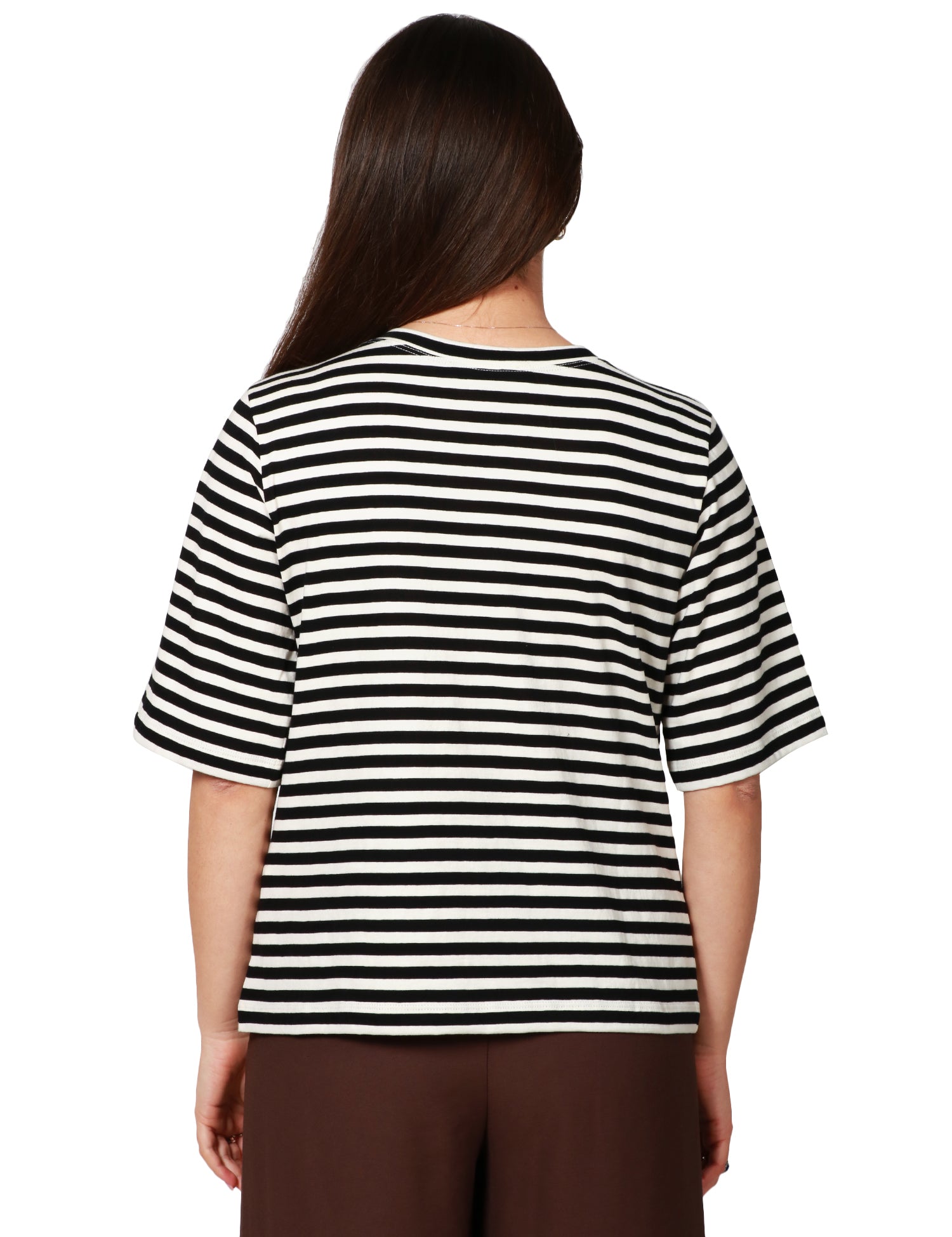 T-SHIRT DONNA SEVENTY NERO/PANNA A RIGHE IN JERSEY DI COTONE CON SPILLA FLOREALE