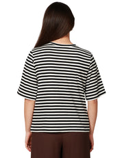 T-SHIRT DONNA SEVENTY NERO/PANNA A RIGHE IN JERSEY DI COTONE CON SPILLA FLOREALE