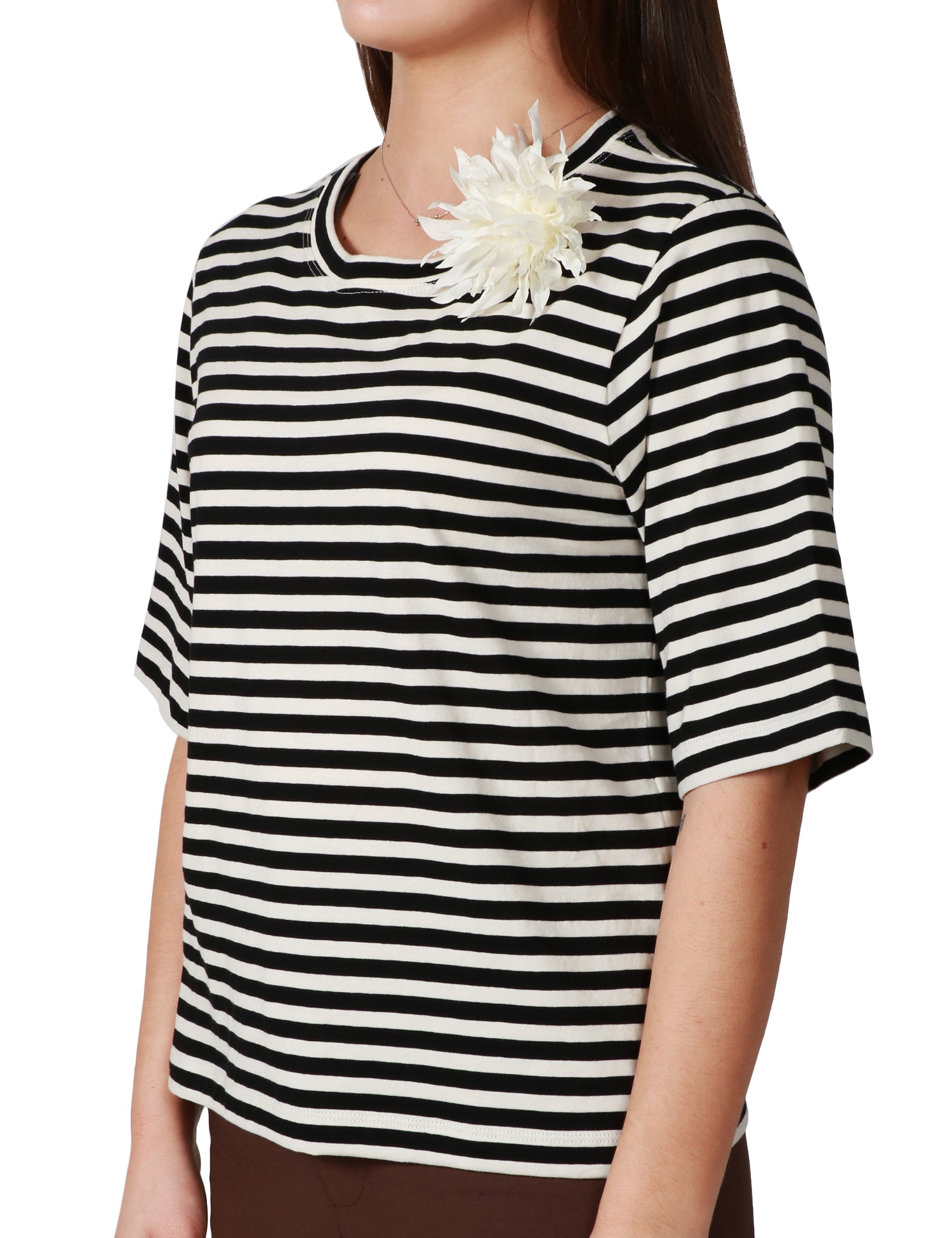 T-SHIRT DONNA SEVENTY NERO/PANNA A RIGHE IN JERSEY DI COTONE CON SPILLA FLOREALE