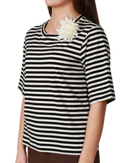 T-SHIRT DONNA SEVENTY NERO/PANNA A RIGHE IN JERSEY DI COTONE CON SPILLA FLOREALE