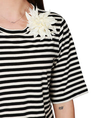 T-SHIRT DONNA SEVENTY NERO/PANNA A RIGHE IN JERSEY DI COTONE CON SPILLA FLOREALE