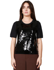 T-SHIRT DONNA SEVENTY BLU NOTTE GIROCOLLO IN VISCOSA CON PAILLETTES FRONTALI
