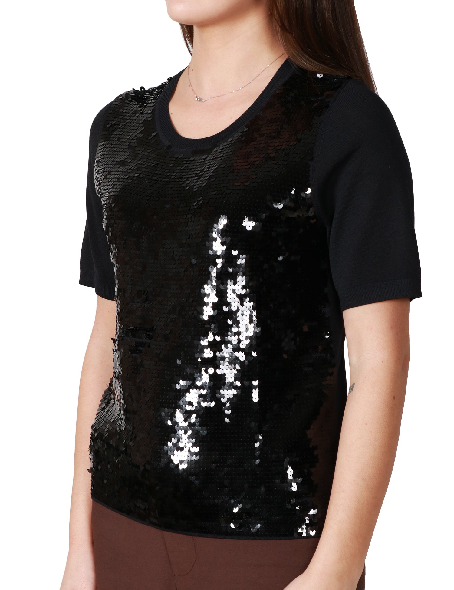T-SHIRT DONNA SEVENTY BLU NOTTE GIROCOLLO IN VISCOSA CON PAILLETTES FRONTALI