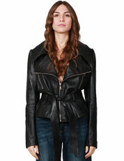 GIUBBOTTO CHIODO DONNA SOUVENIR NERO CON FUSCIACCA E MAXI COLLO 100% VERA PELLE