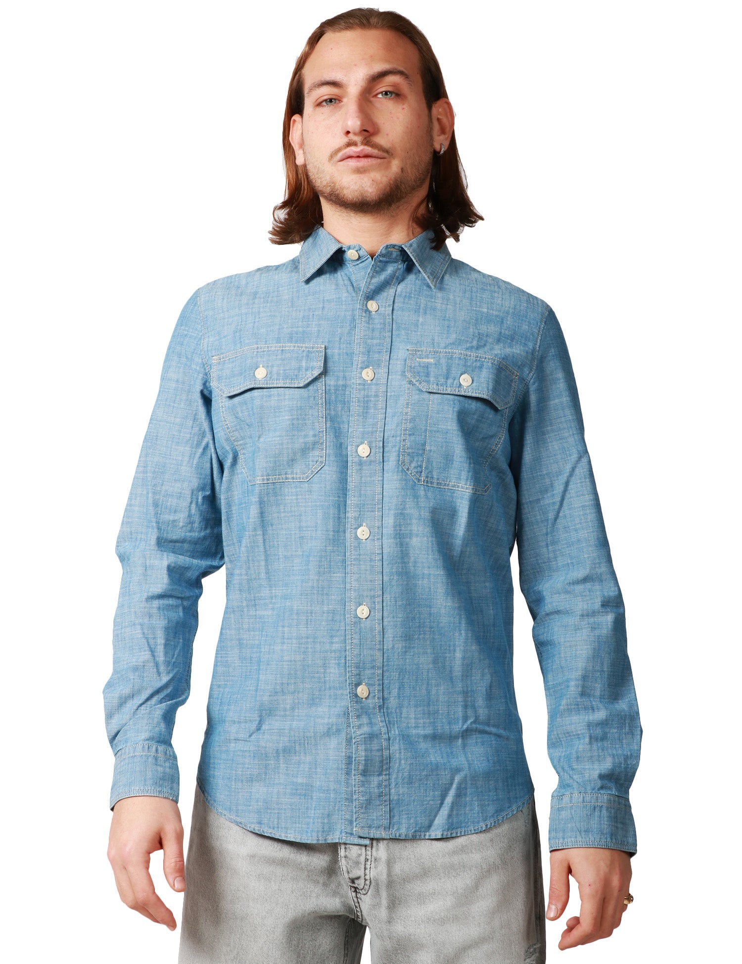CAMICIA UOMO TELA GENOVA EMILIO BLUE CON TASCHE SUL PETTO 100% COTONE