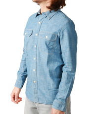 CAMICIA UOMO TELA GENOVA EMILIO BLUE CON TASCHE SUL PETTO 100% COTONE