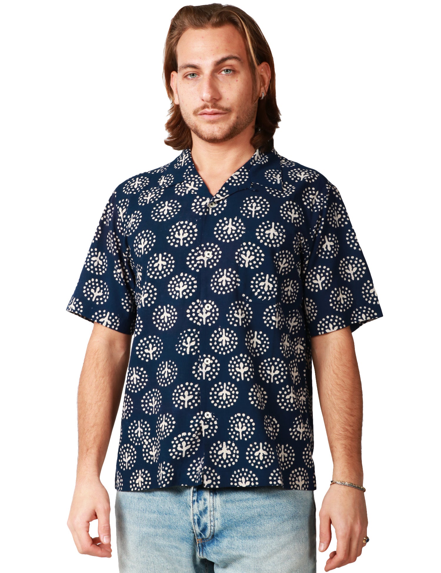 CAMICIA UOMO UNIVERSAL WORKS NAVY FANTASIA A MEZZA MANICA 100%
