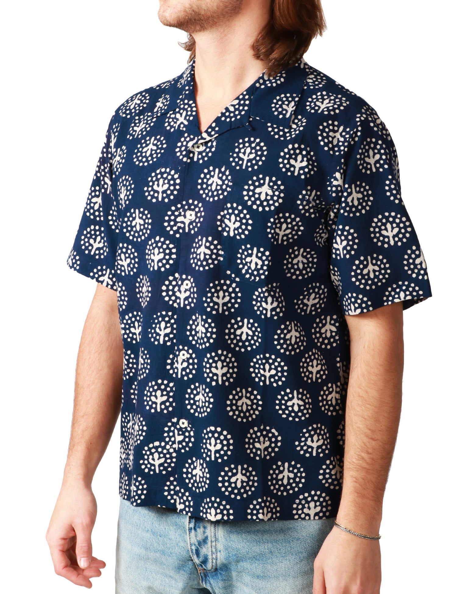 CAMICIA UOMO UNIVERSAL WORKS NAVY FANTASIA A MEZZA MANICA 100%