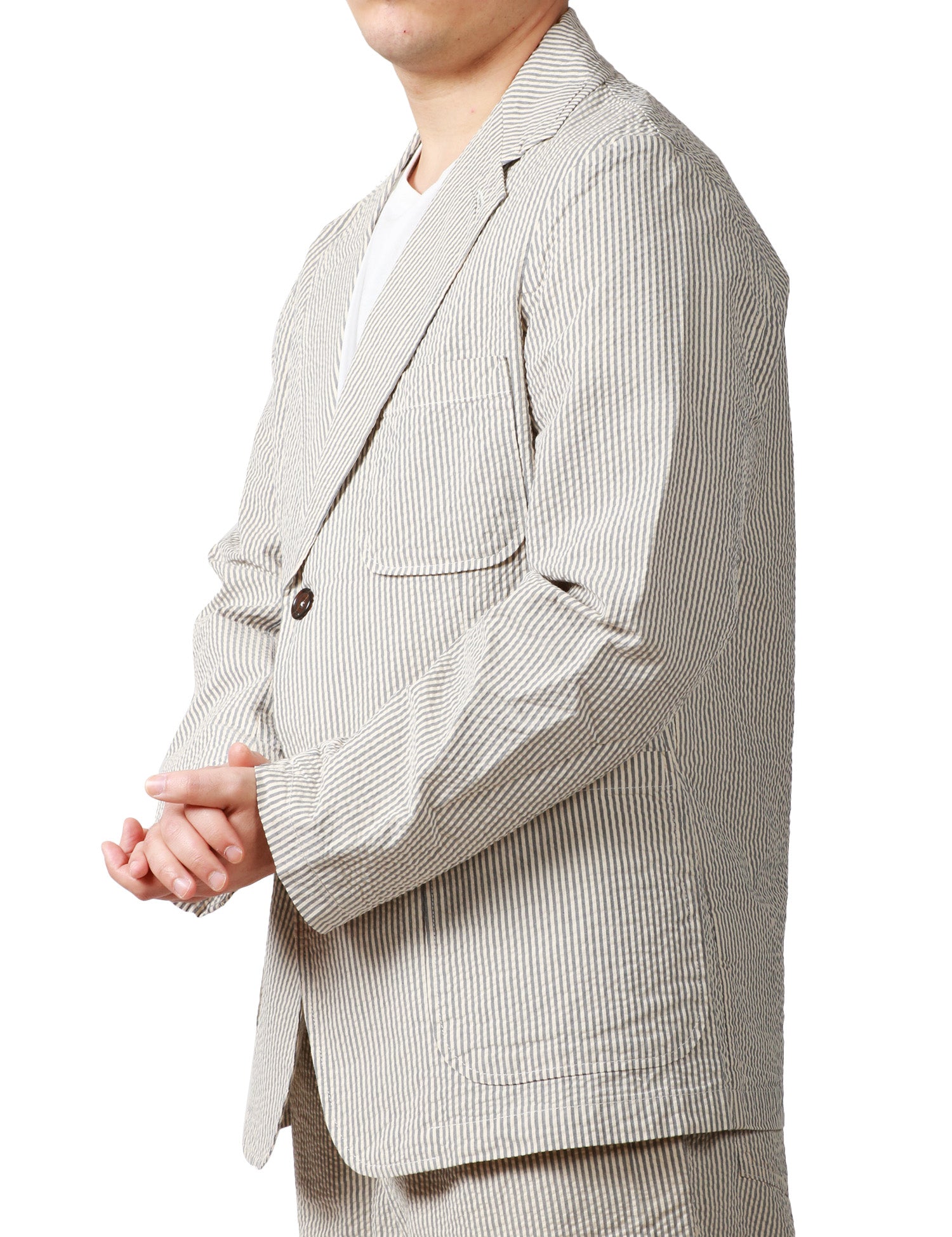 GIACCA UOMO UNIVERSAL WORKS GRIGIA A RIGHE MONOPETTO CON DUE BOTTONI