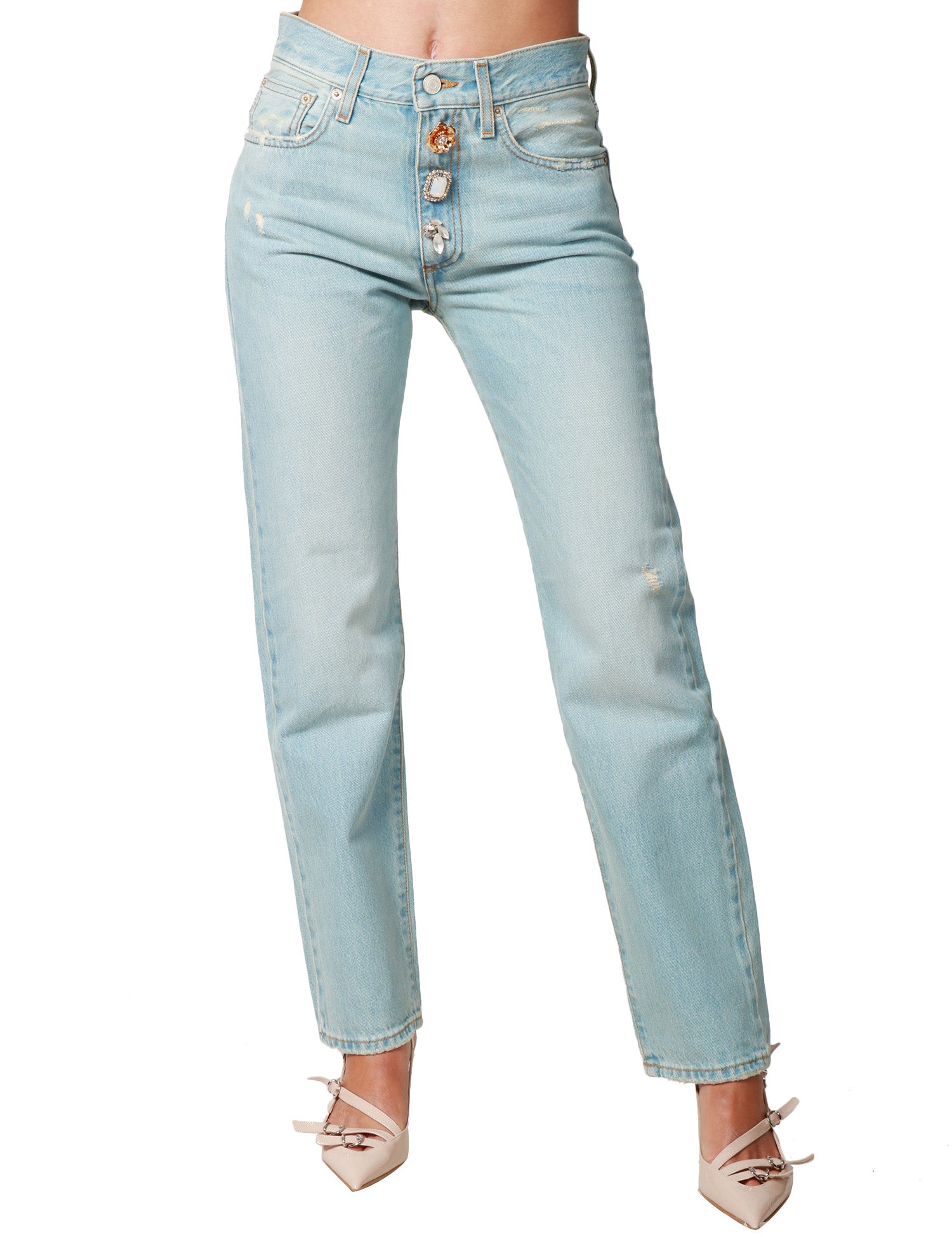 JEANS DONNA VICOLO DENIM CHIARO A GAMBA DRITTA CON BOTTONI GIOIELLO