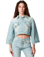GIUBBOTTO DONNA VICOLO DENIM CHIARO CROPPED CON TASCHE DAVANTI E BOTTONI GIOIELLO
