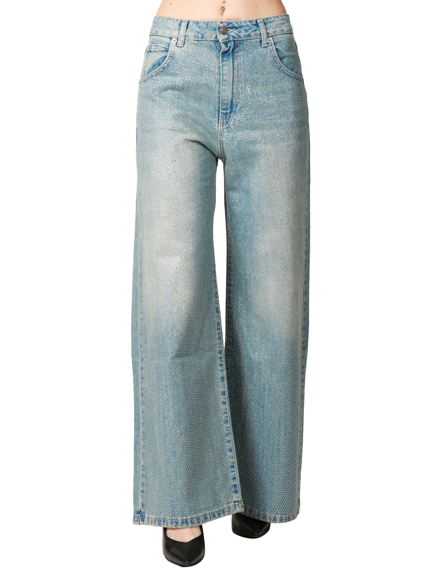 JEANS DONNA VICOLO LAVAGGIO CHIARO A PALAZZO CON STRASS ALL OVER DAVANTI