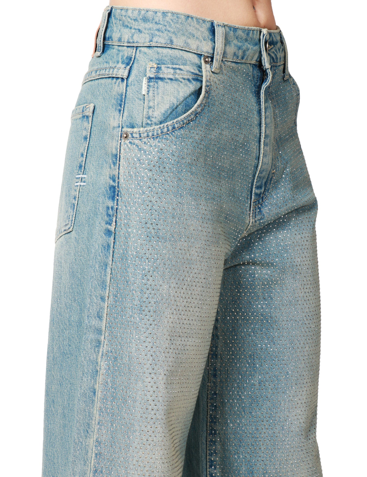 JEANS DONNA VICOLO LAVAGGIO CHIARO A PALAZZO CON STRASS ALL OVER DAVANTI