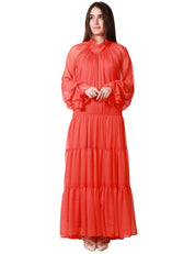 ABITO LUNGO WEILI ZHENG CORALLO IN CHIFFON CON MAXI MANICHE A SBUFFO E SCOLLO SULLA SCHIENA